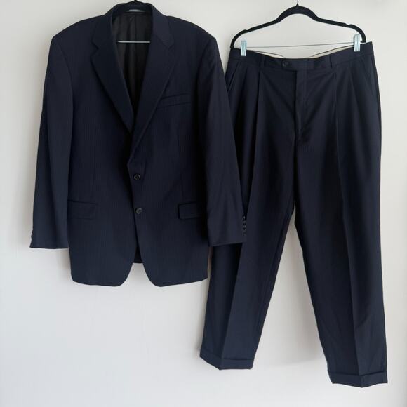 Hickey Freeman Suit Mens 42R Navy Pinstripe Wool Blazer Pants 2Pc Dapper Gatsby - Picture 1 of 16